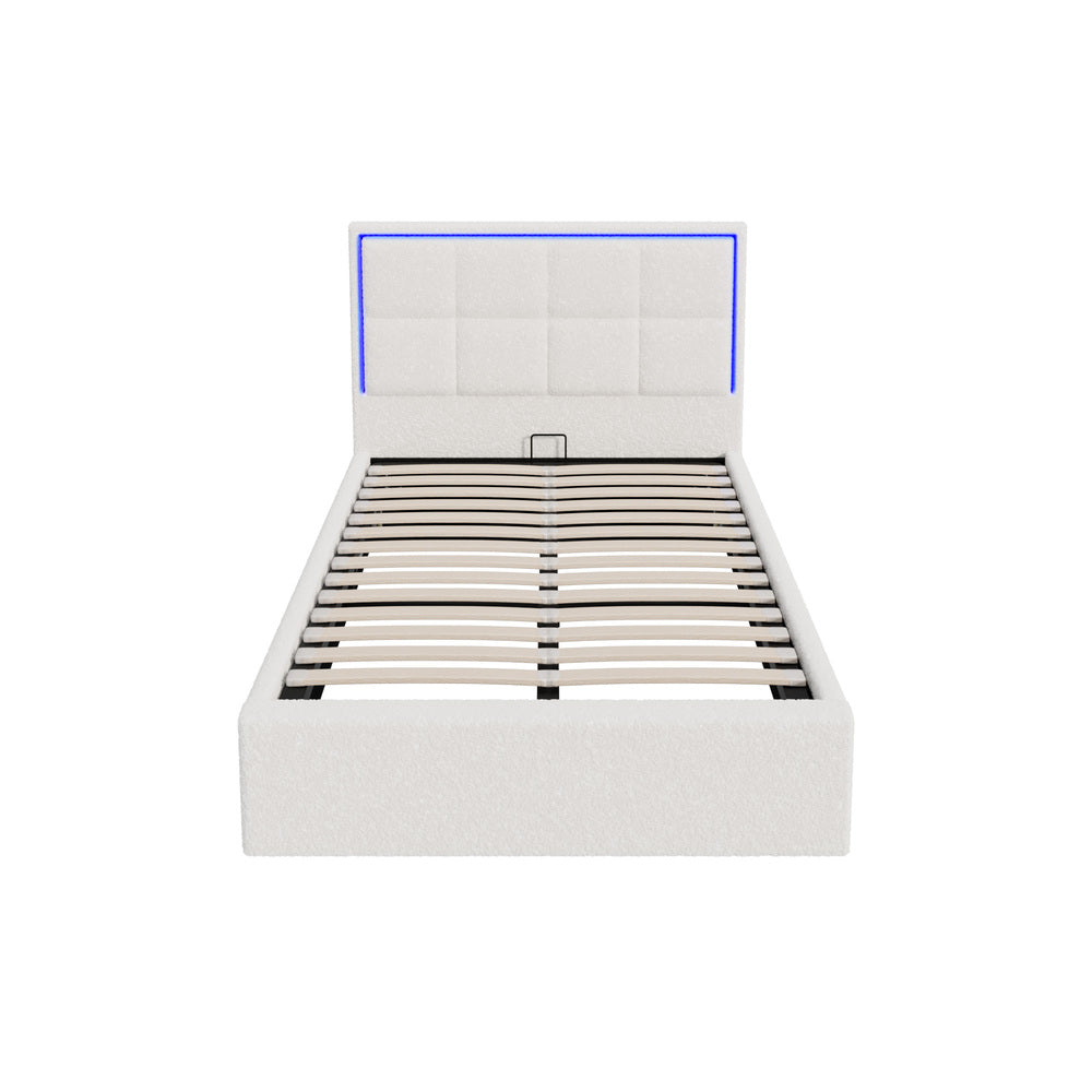 White Boucle Bed Frame with RGB LED Gas Lift Storage King Single