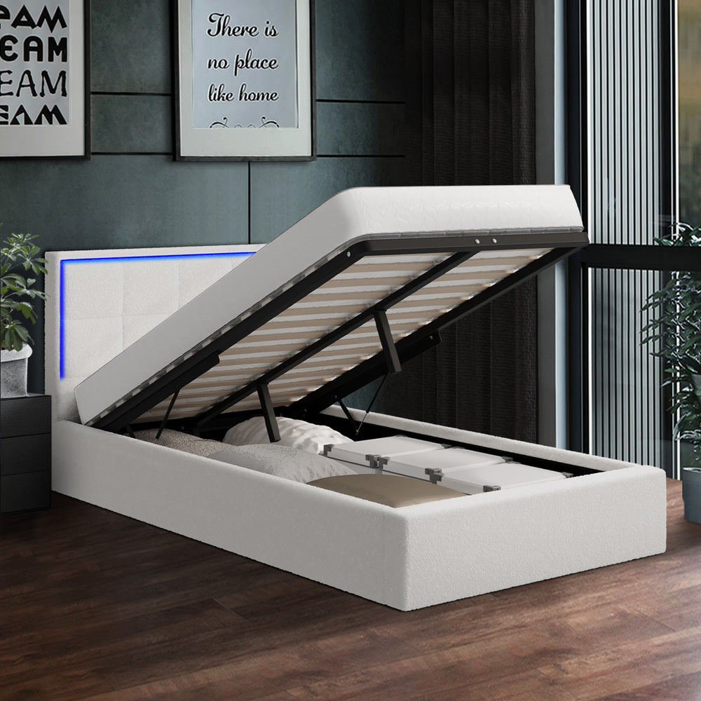 White Boucle Bed Frame with RGB LED Gas Lift Storage King Single