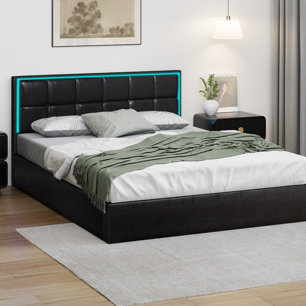 Leather Queen Bed Frame with RGB LED Gas Lift Storage and Modern Design
