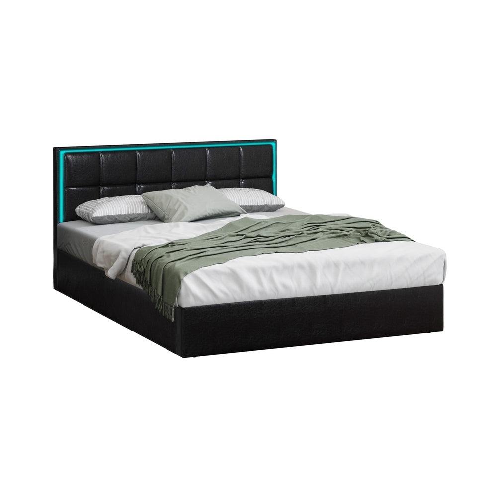 Leather Queen Bed Frame with RGB LED Gas Lift Storage and Modern Design
