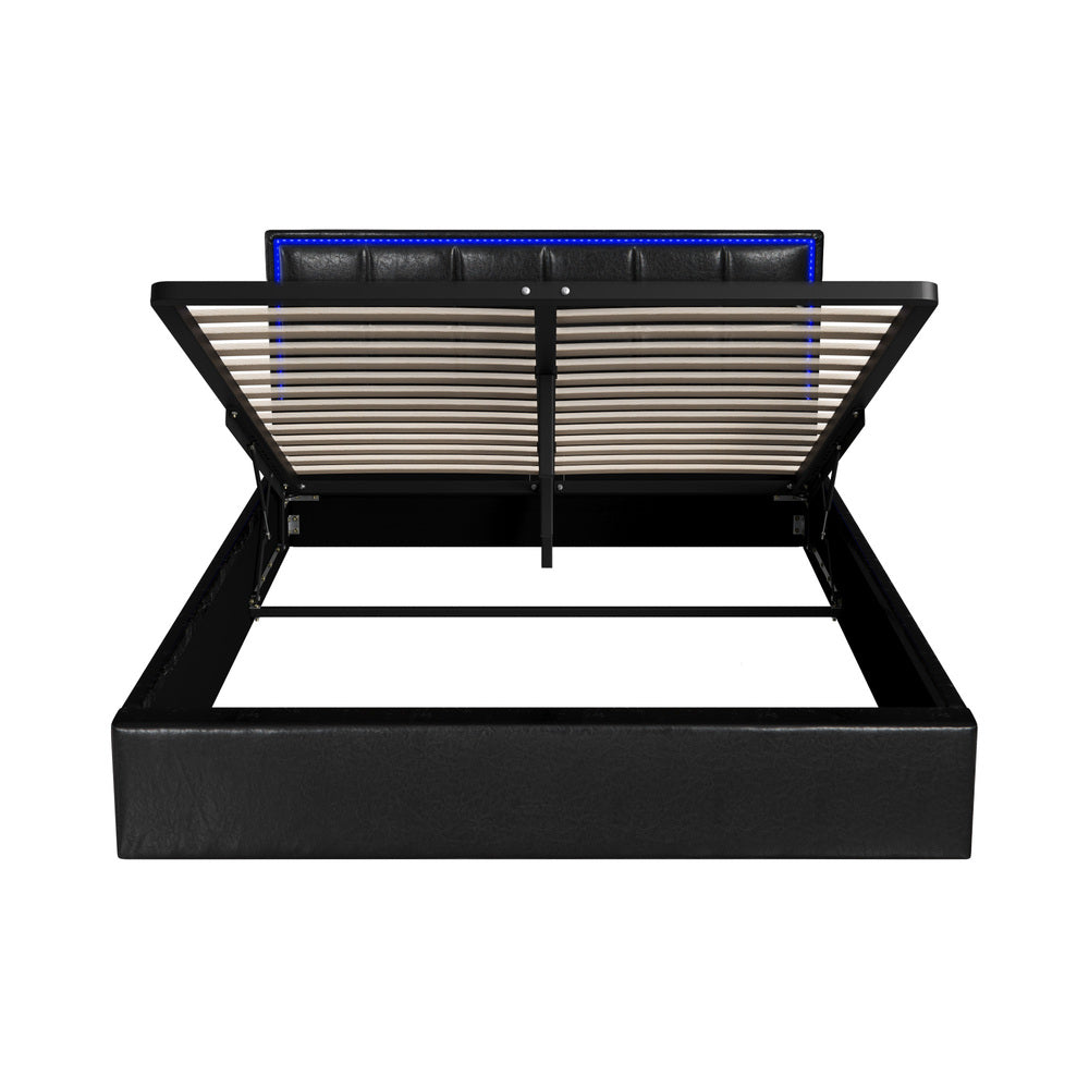 Leather Queen Bed Frame with RGB LED Gas Lift Storage and Modern Design