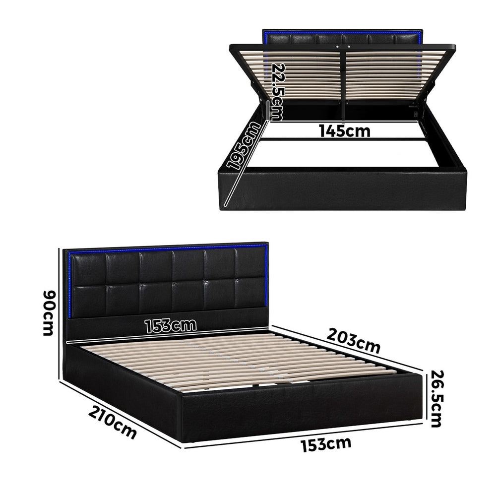 Leather Queen Bed Frame with RGB LED Gas Lift Storage and Modern Design