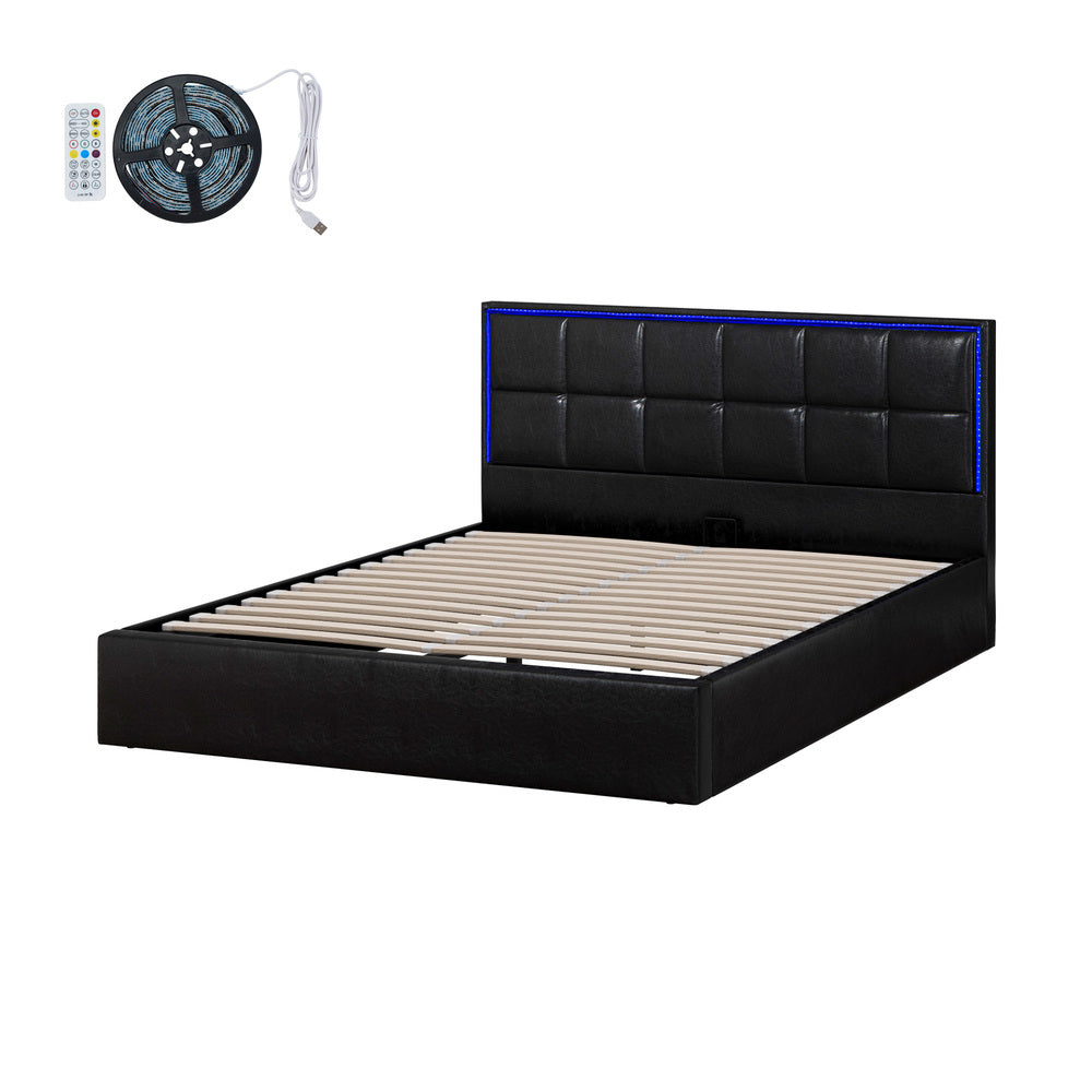 Leather Queen Bed Frame with RGB LED Gas Lift Storage and Modern Design