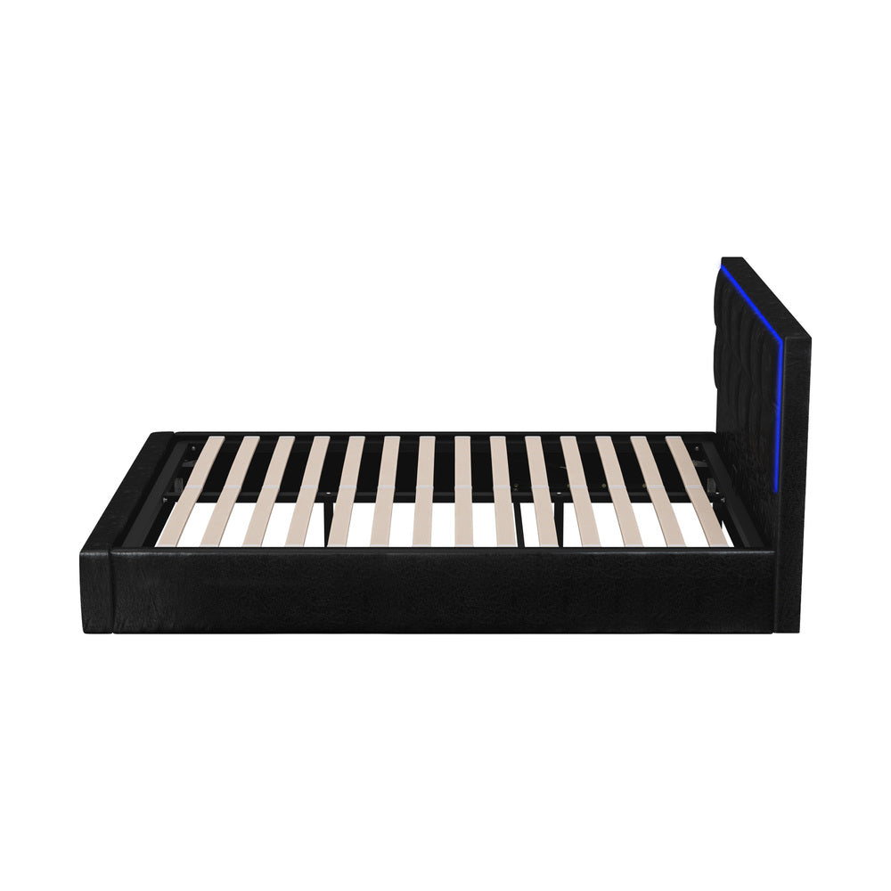 Leather Queen Bed Frame with RGB LED Gas Lift Storage and Modern Design
