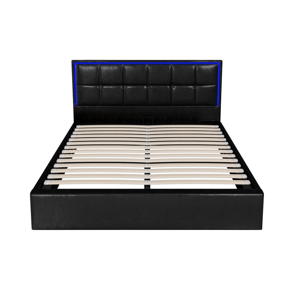 Leather Queen Bed Frame with RGB LED Gas Lift Storage and Modern Design