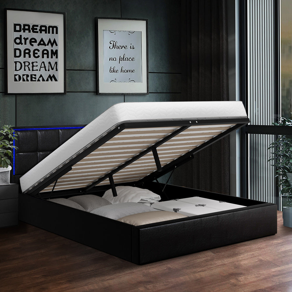 Leather Queen Bed Frame with RGB LED Gas Lift Storage and Modern Design