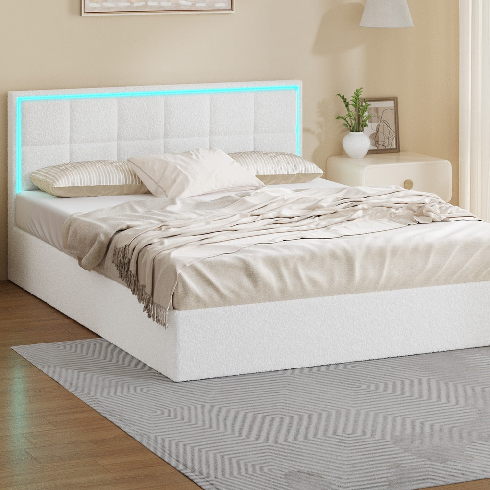 Stylish White Boucle Queen Bed Frame with RGB LED Gas Lift Storage