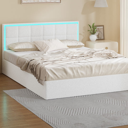 Stylish White Boucle Queen Bed Frame with RGB LED Gas Lift Storage