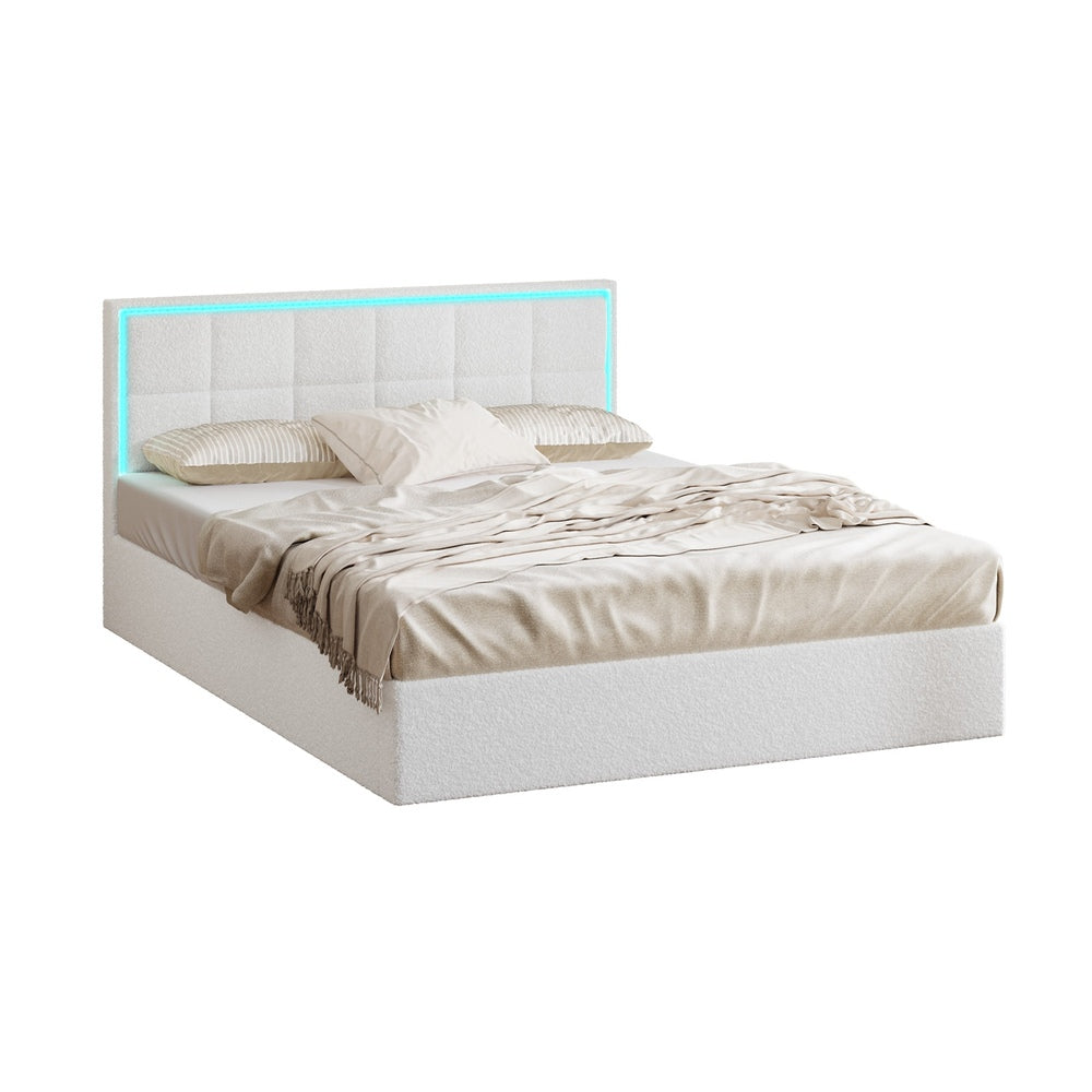 Stylish White Boucle Queen Bed Frame with RGB LED Gas Lift Storage