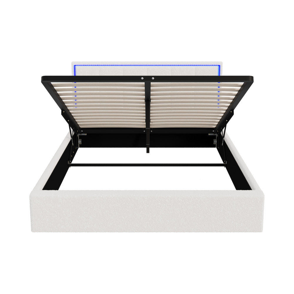 Stylish White Boucle Queen Bed Frame with RGB LED Gas Lift Storage