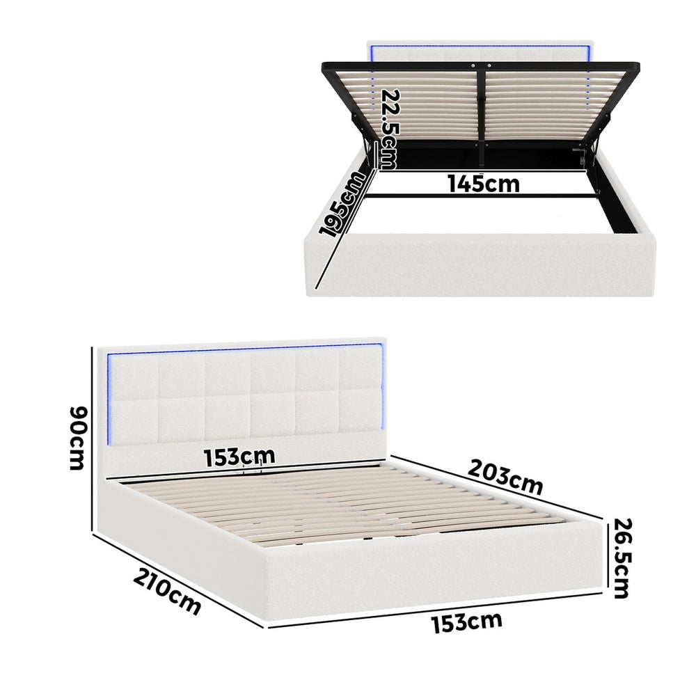 Stylish White Boucle Queen Bed Frame with RGB LED Gas Lift Storage