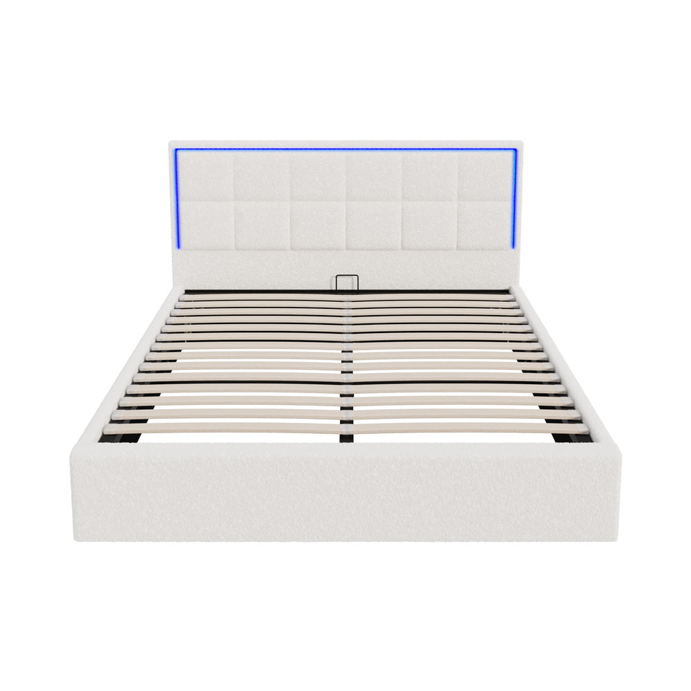 Stylish White Boucle Queen Bed Frame with RGB LED Gas Lift Storage