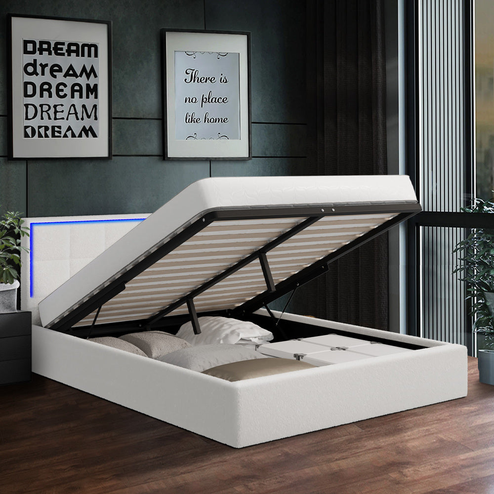 Stylish White Boucle Queen Bed Frame with RGB LED Gas Lift Storage