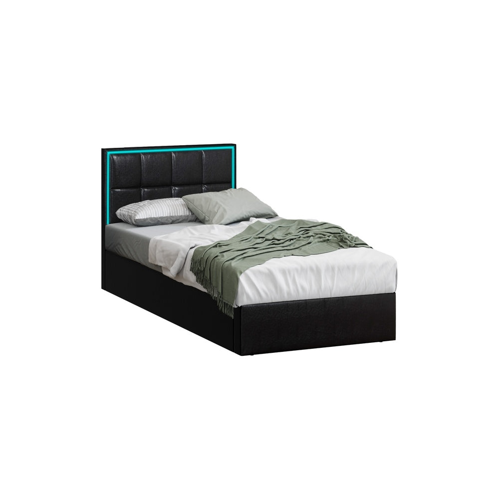 Leather Bed Frame with RGB LED Gas Lift Storage Base