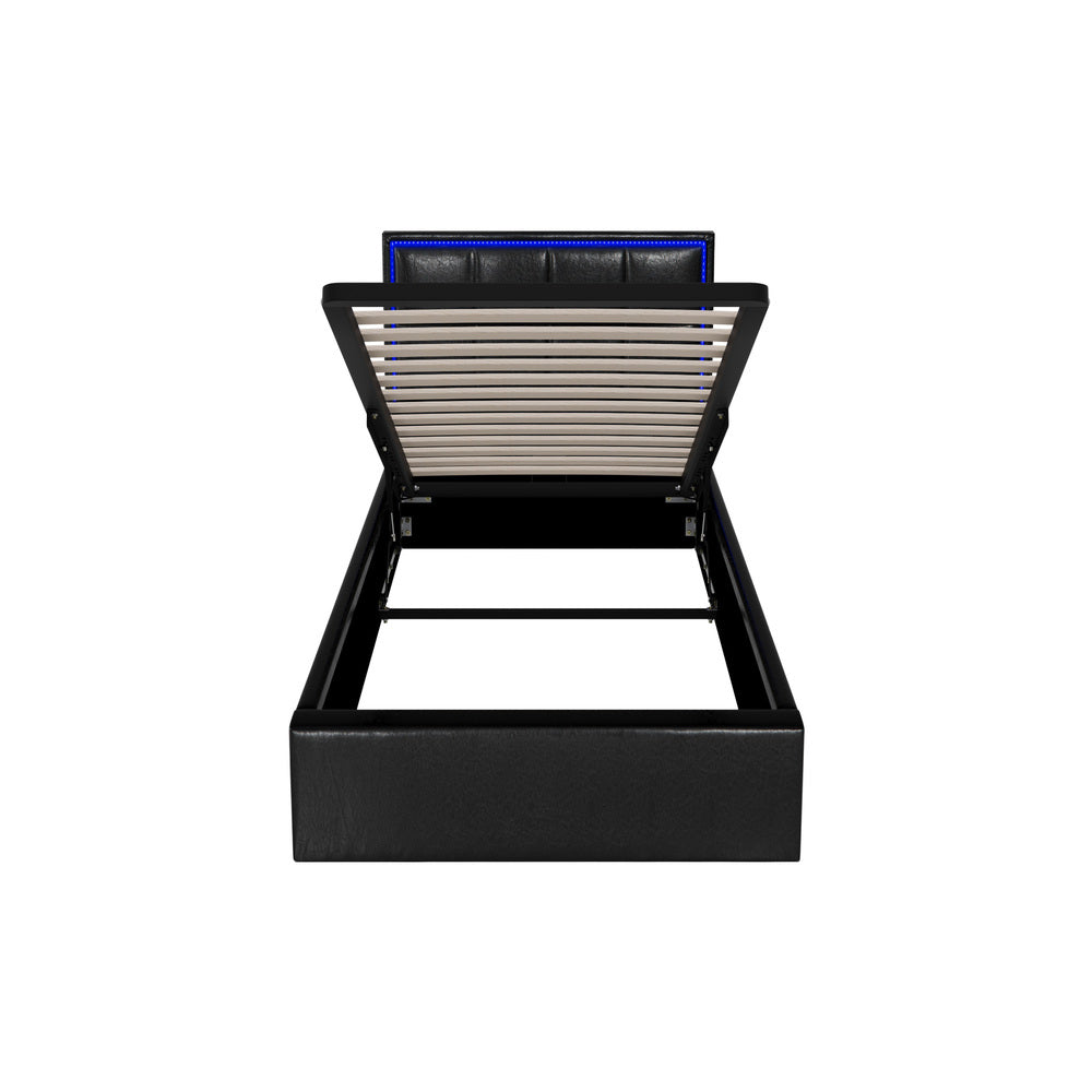 Leather Bed Frame with RGB LED Gas Lift Storage Base