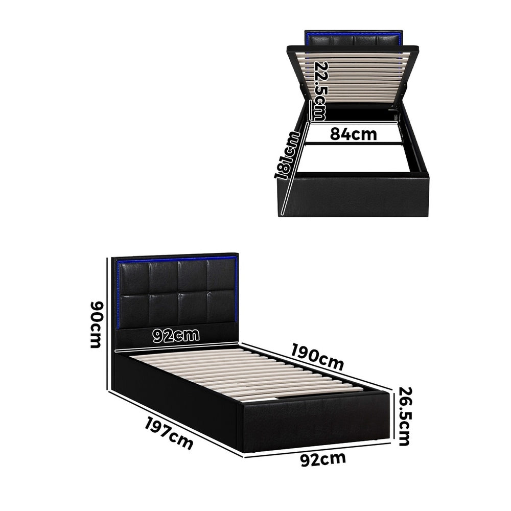 Leather Bed Frame with RGB LED Gas Lift Storage Base