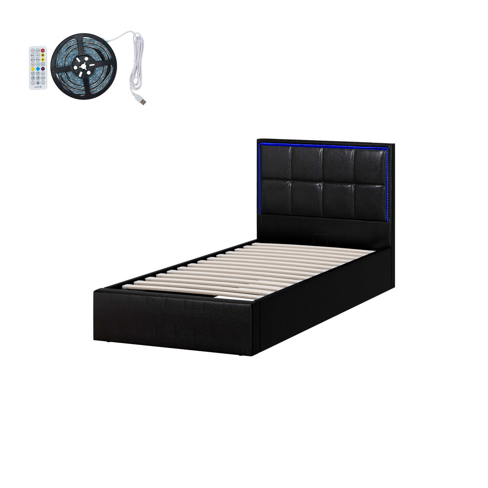 Leather Bed Frame with RGB LED Gas Lift Storage Base