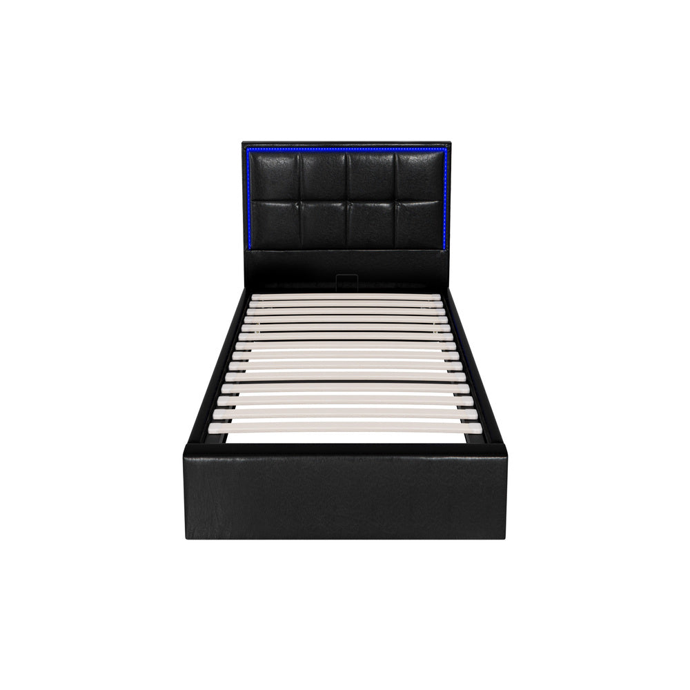 Leather Bed Frame with RGB LED Gas Lift Storage Base