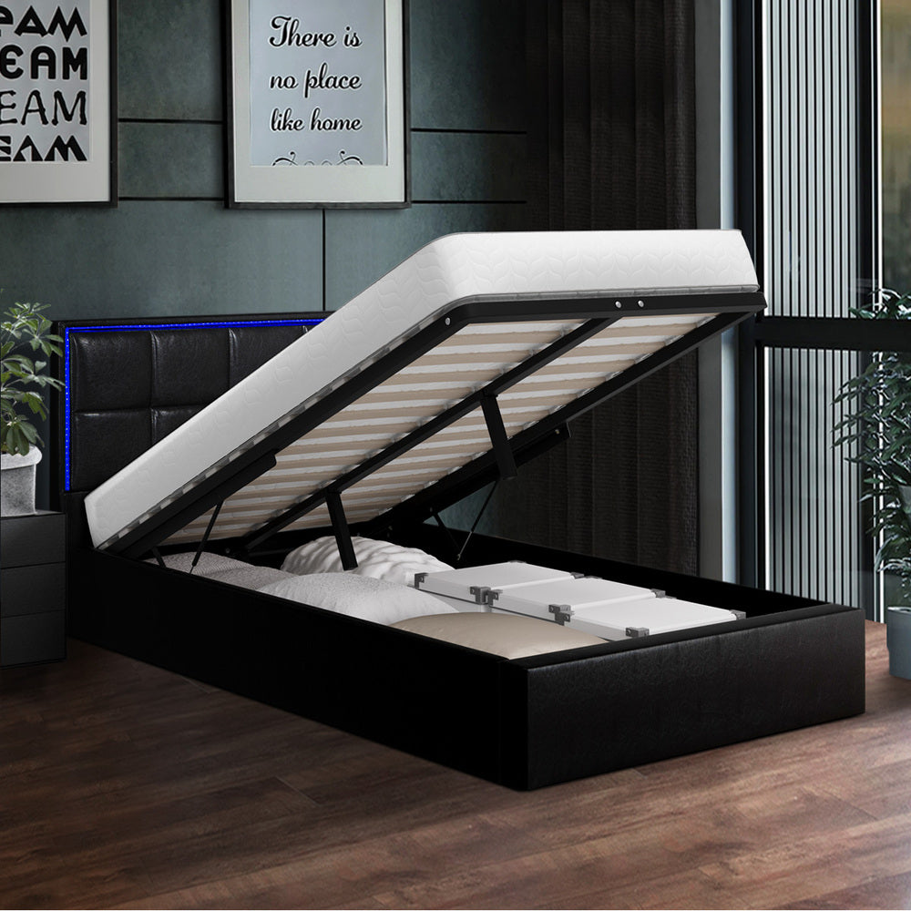 Leather Bed Frame with RGB LED Gas Lift Storage Base