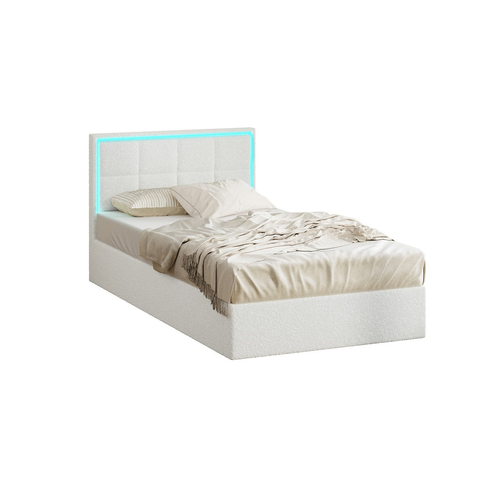 White Boucle Bed Frame with RGB LED Gas Lift Storage Base