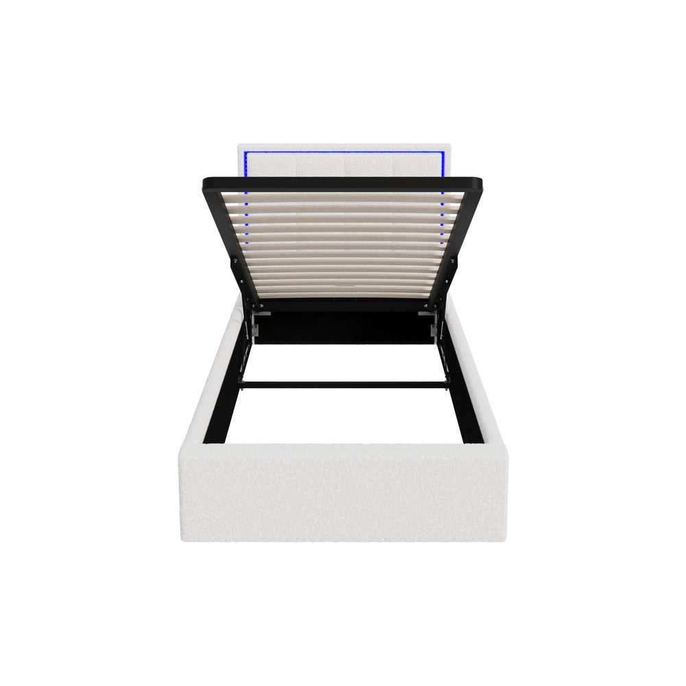 White Boucle Bed Frame with RGB LED Gas Lift Storage Base