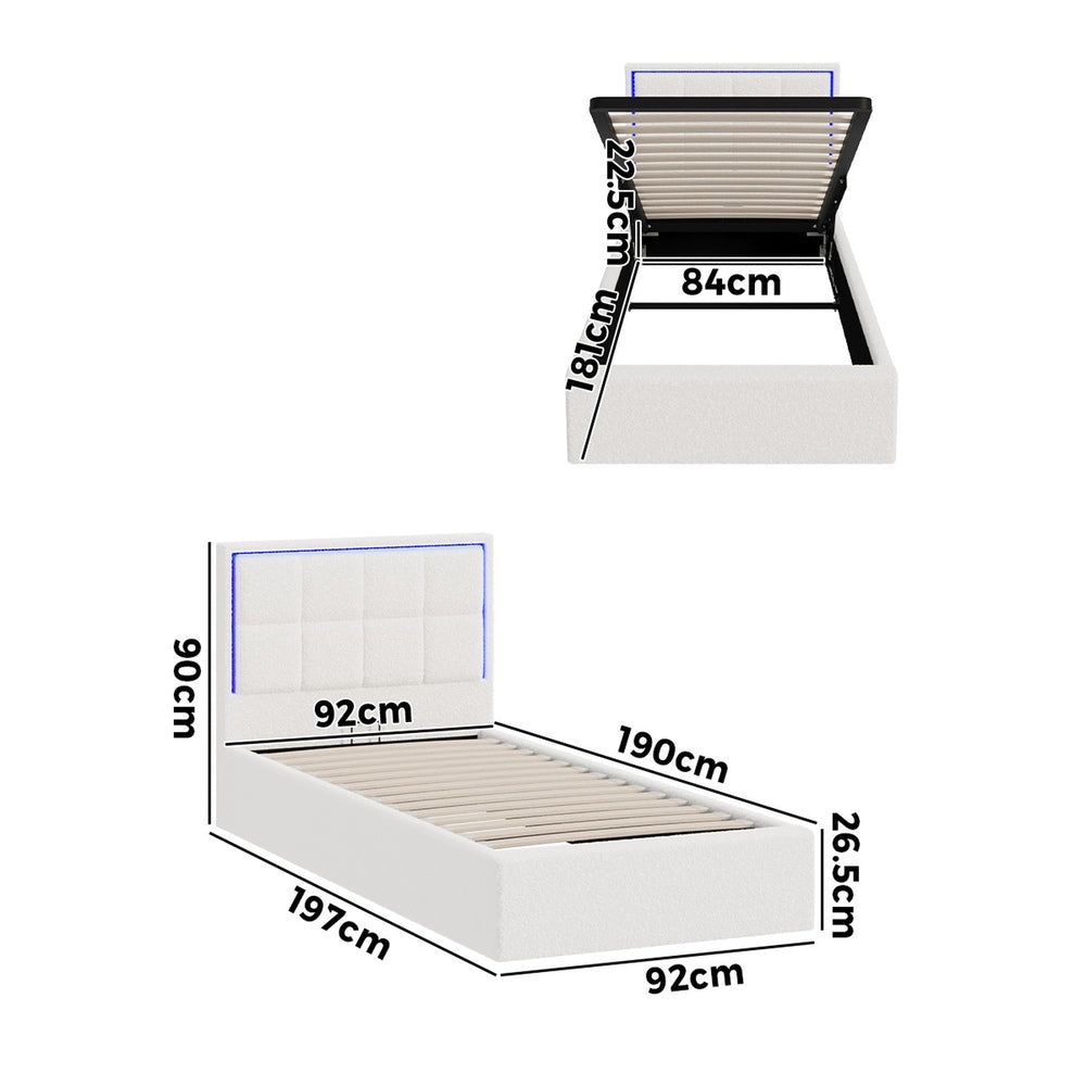 White Boucle Bed Frame with RGB LED Gas Lift Storage Base