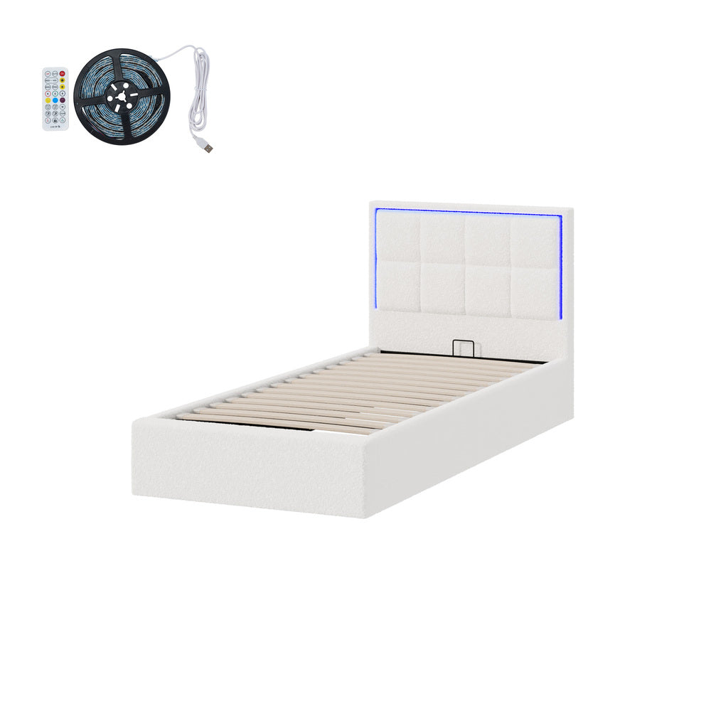 White Boucle Bed Frame with RGB LED Gas Lift Storage Base