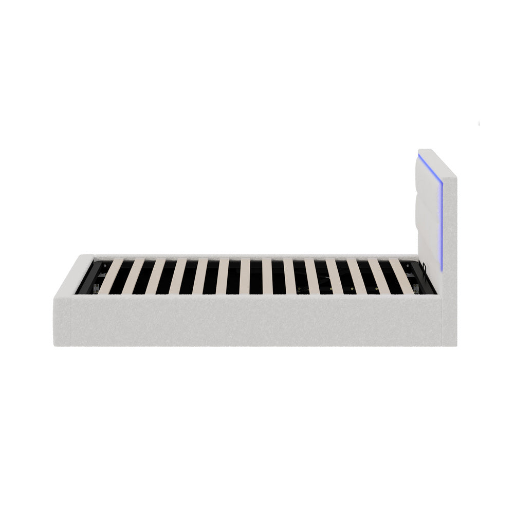 White Boucle Bed Frame with RGB LED Gas Lift Storage Base
