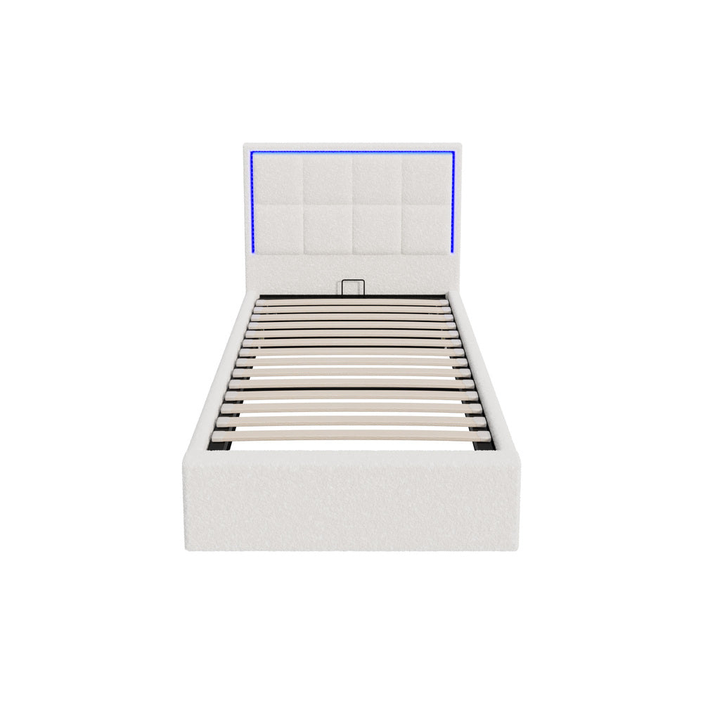 White Boucle Bed Frame with RGB LED Gas Lift Storage Base