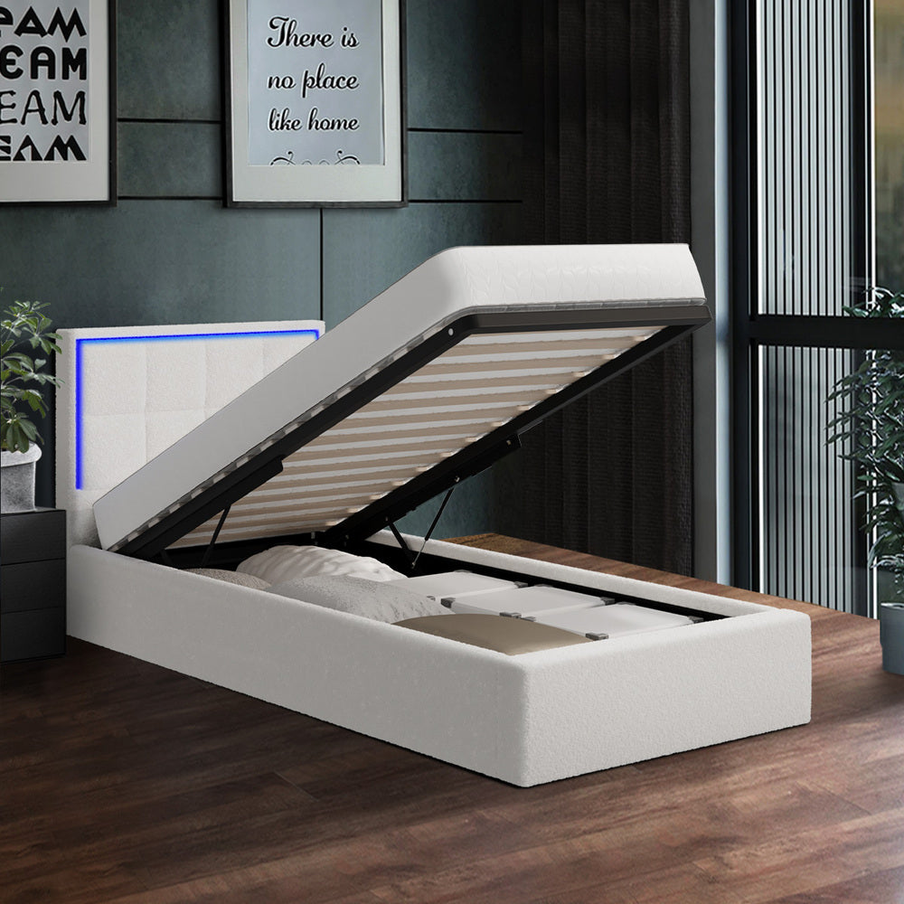 White Boucle Bed Frame with RGB LED Gas Lift Storage Base