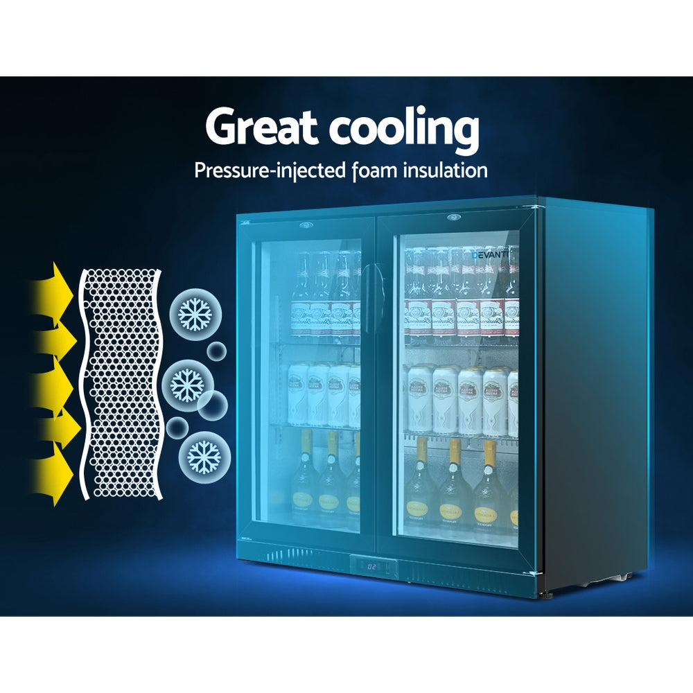 198L Bar Fridge Dual Glass Door w/Light Black
