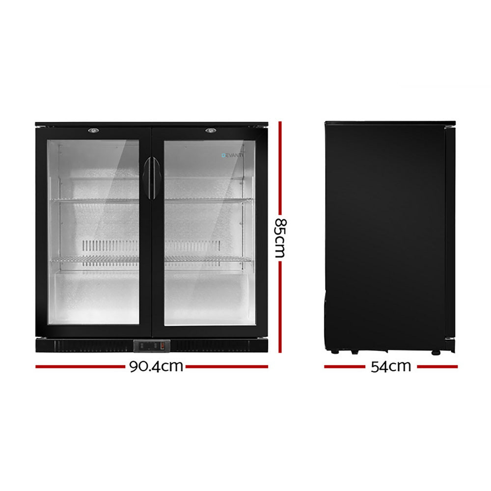 198L Bar Fridge Dual Glass Door w/Light Black