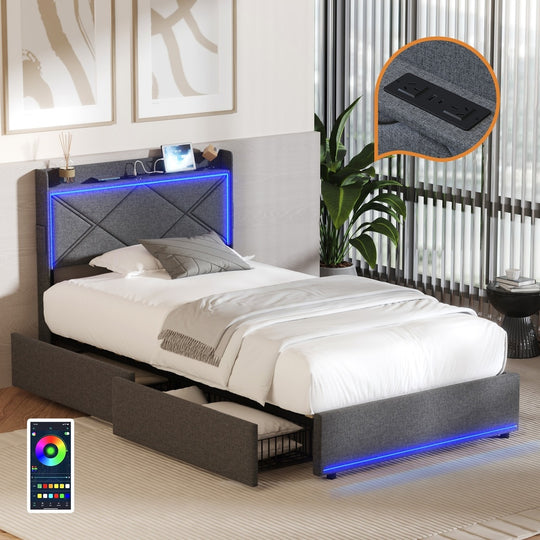Bed Frame King Single with LED Headboard Charging 4 Drawers