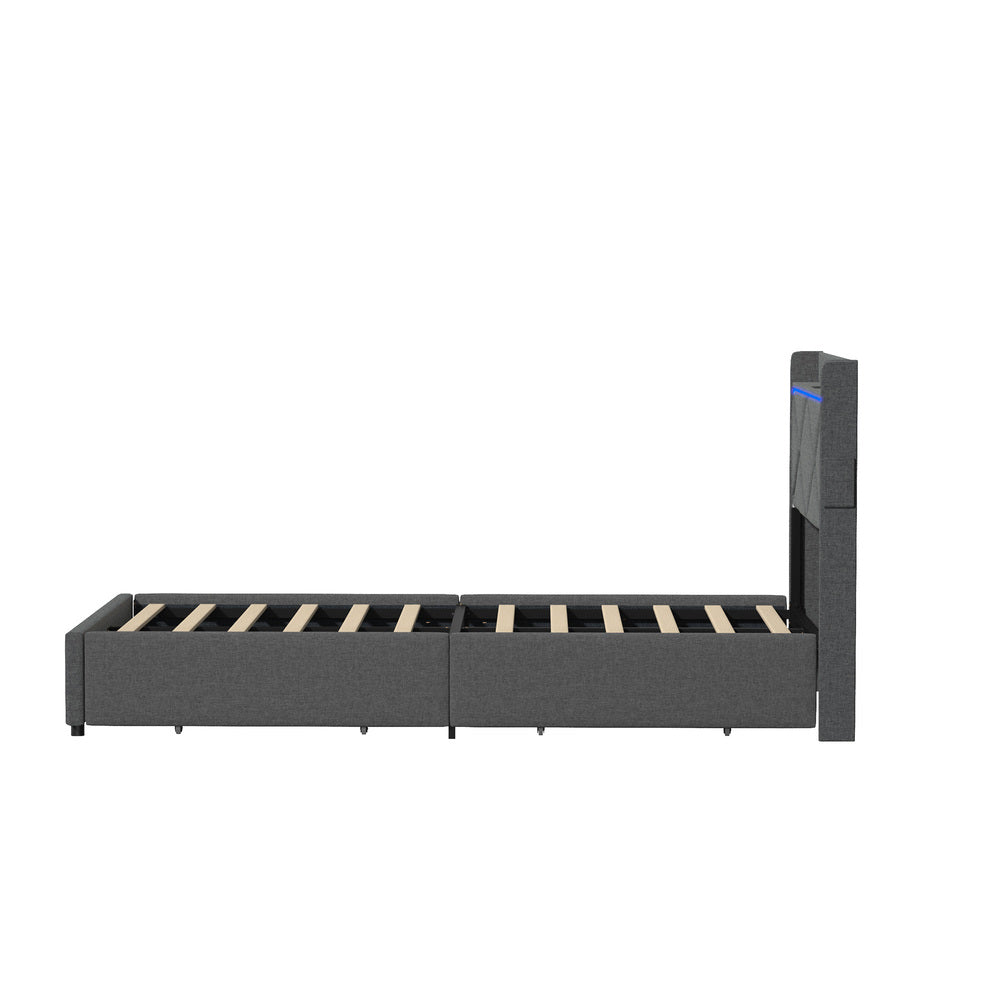 Bed Frame King Single with LED Headboard Charging 4 Drawers