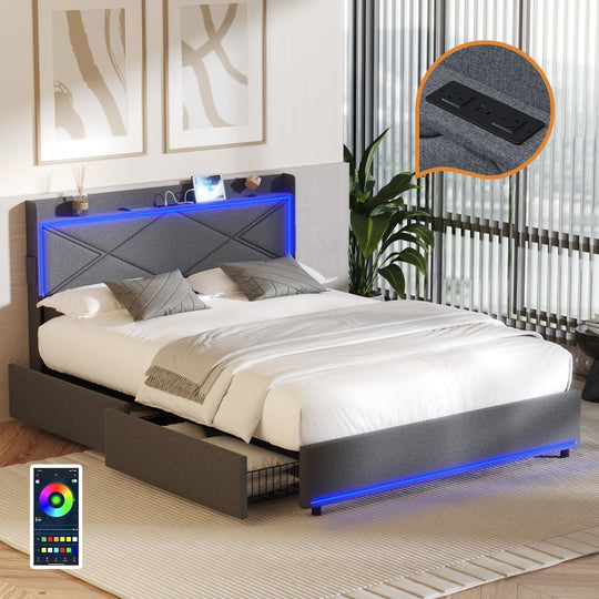Bed Frame Queen with LED Headboard Charging Port 4 Drawers