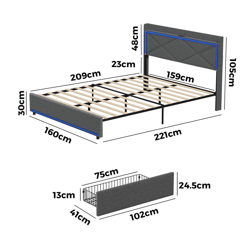 Bed Frame Queen with LED Headboard Charging Port 4 Drawers
