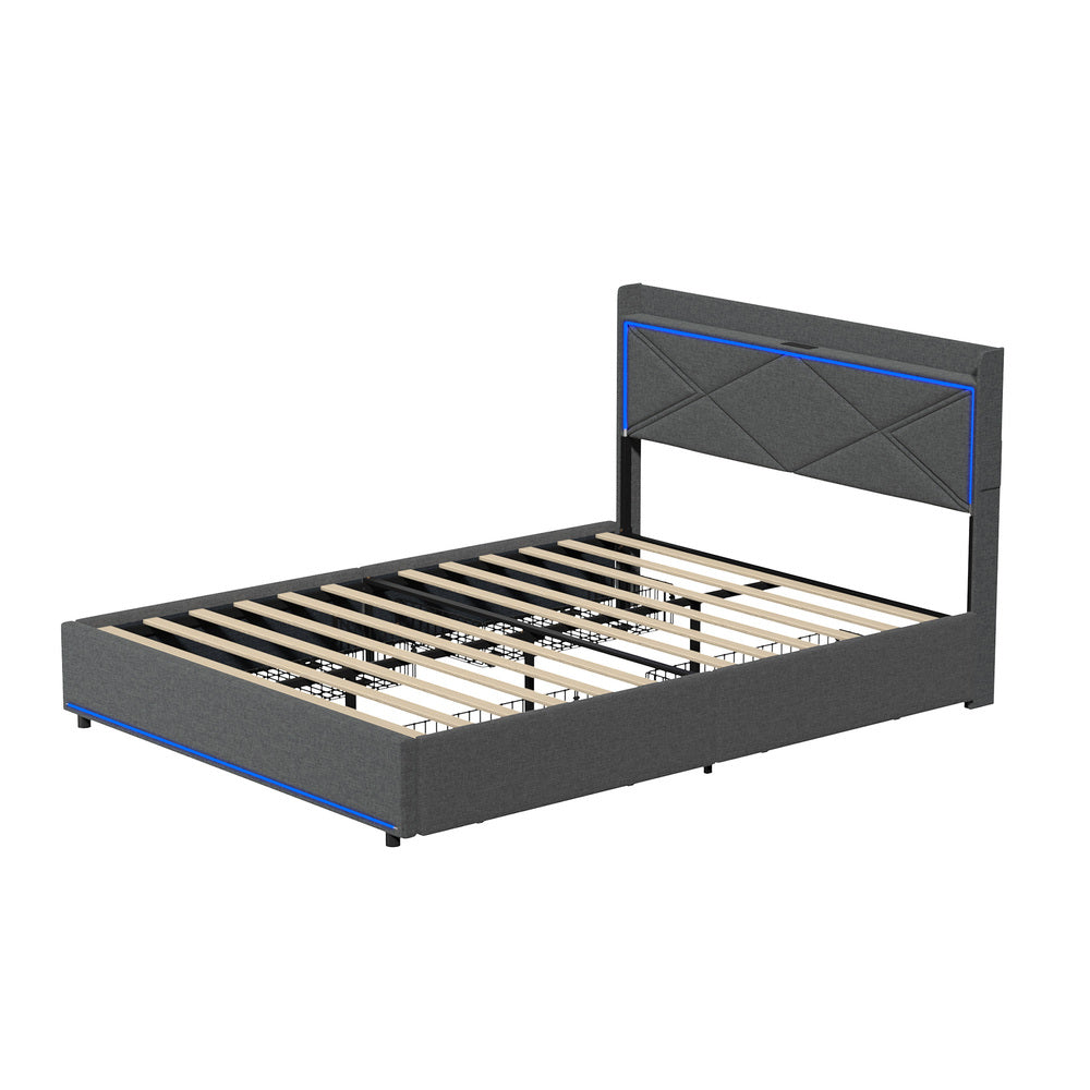 Bed Frame Queen with LED Headboard Charging Port 4 Drawers