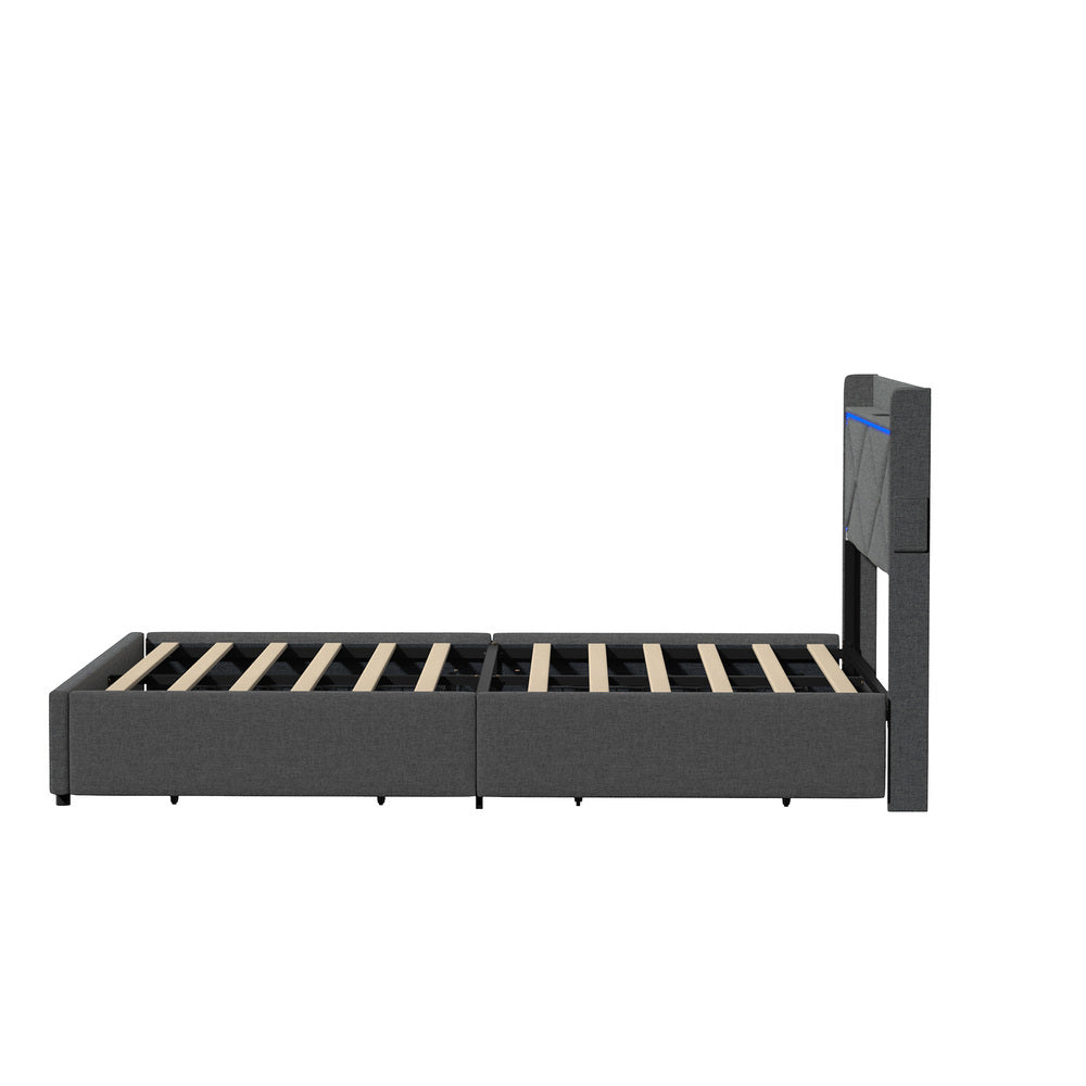 Bed Frame Queen with LED Headboard Charging Port 4 Drawers