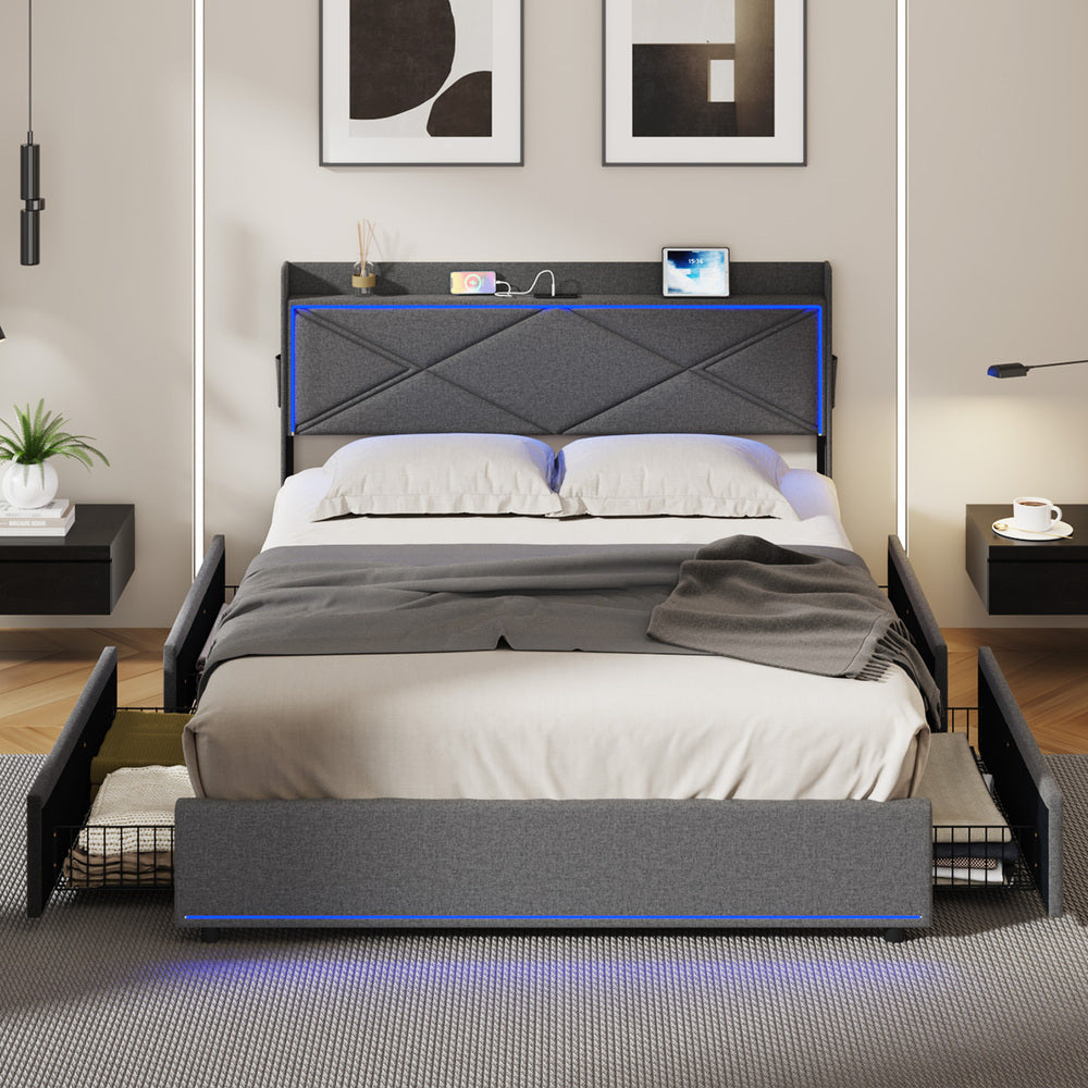 Bed Frame Queen with LED Headboard Charging Port 4 Drawers