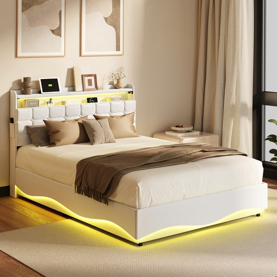 Double Bed Frame LED Gas Lift Storage Headboard USB Charging