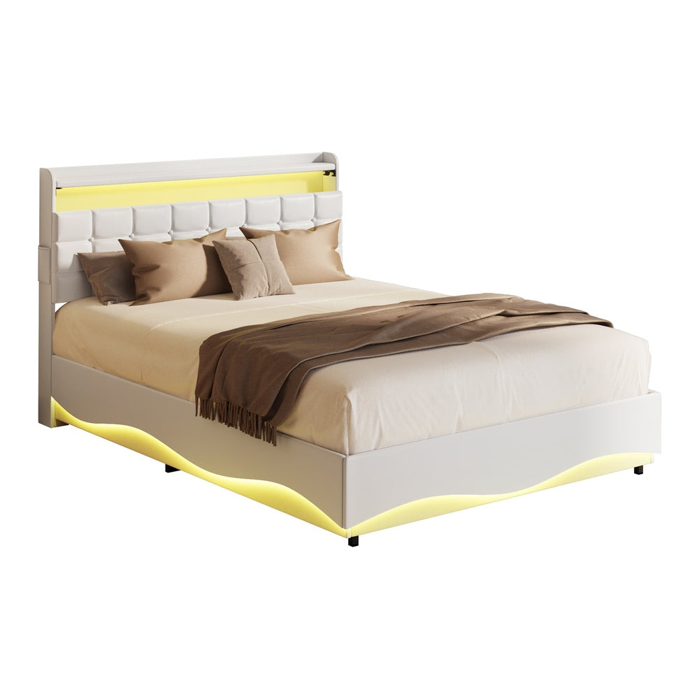 Double Bed Frame LED Gas Lift Storage Headboard USB Charging