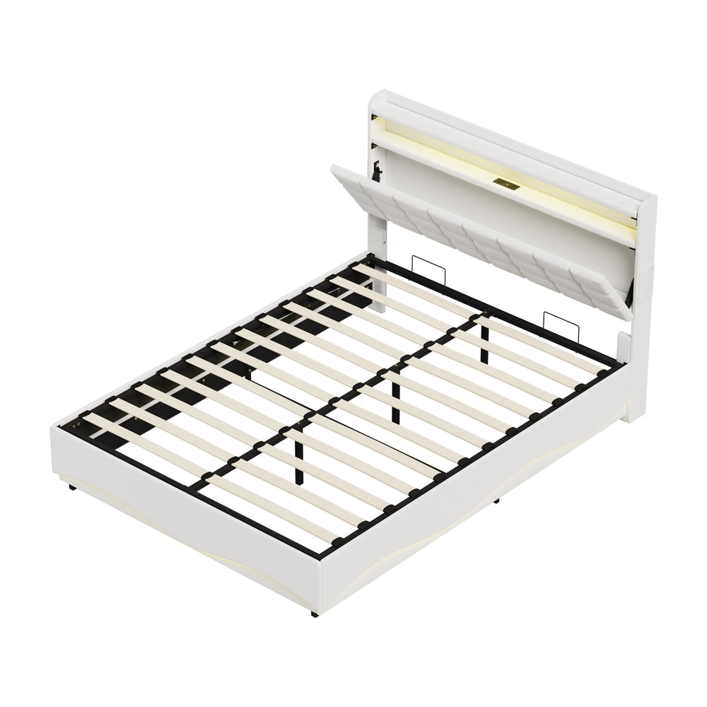 Double Bed Frame LED Gas Lift Storage Headboard USB Charging
