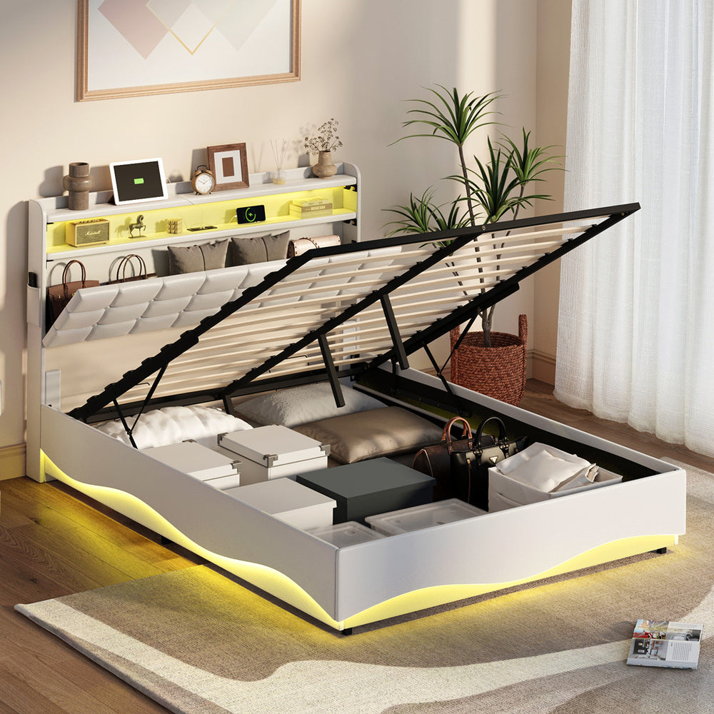 Double Bed Frame LED Gas Lift Storage Headboard USB Charging