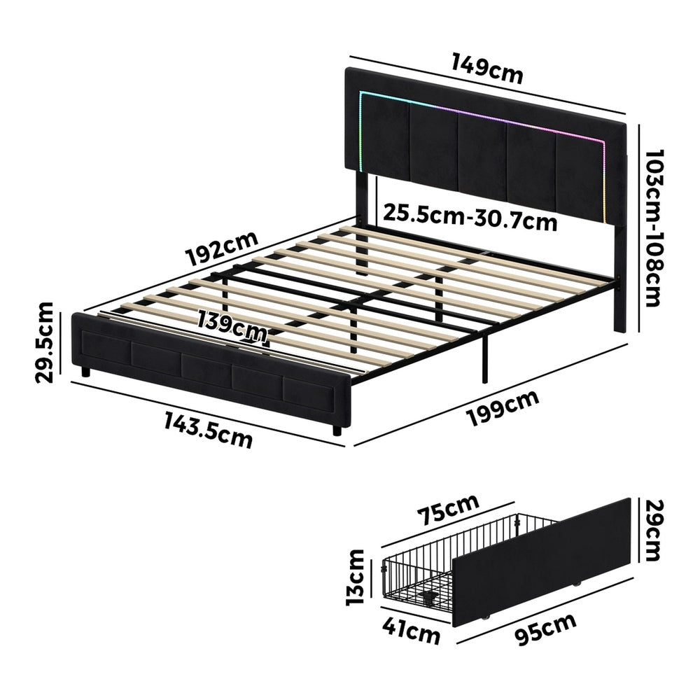 LED Bed Frame Double Size 4 Drawers Adjustable Head Beige/Velvet/Black