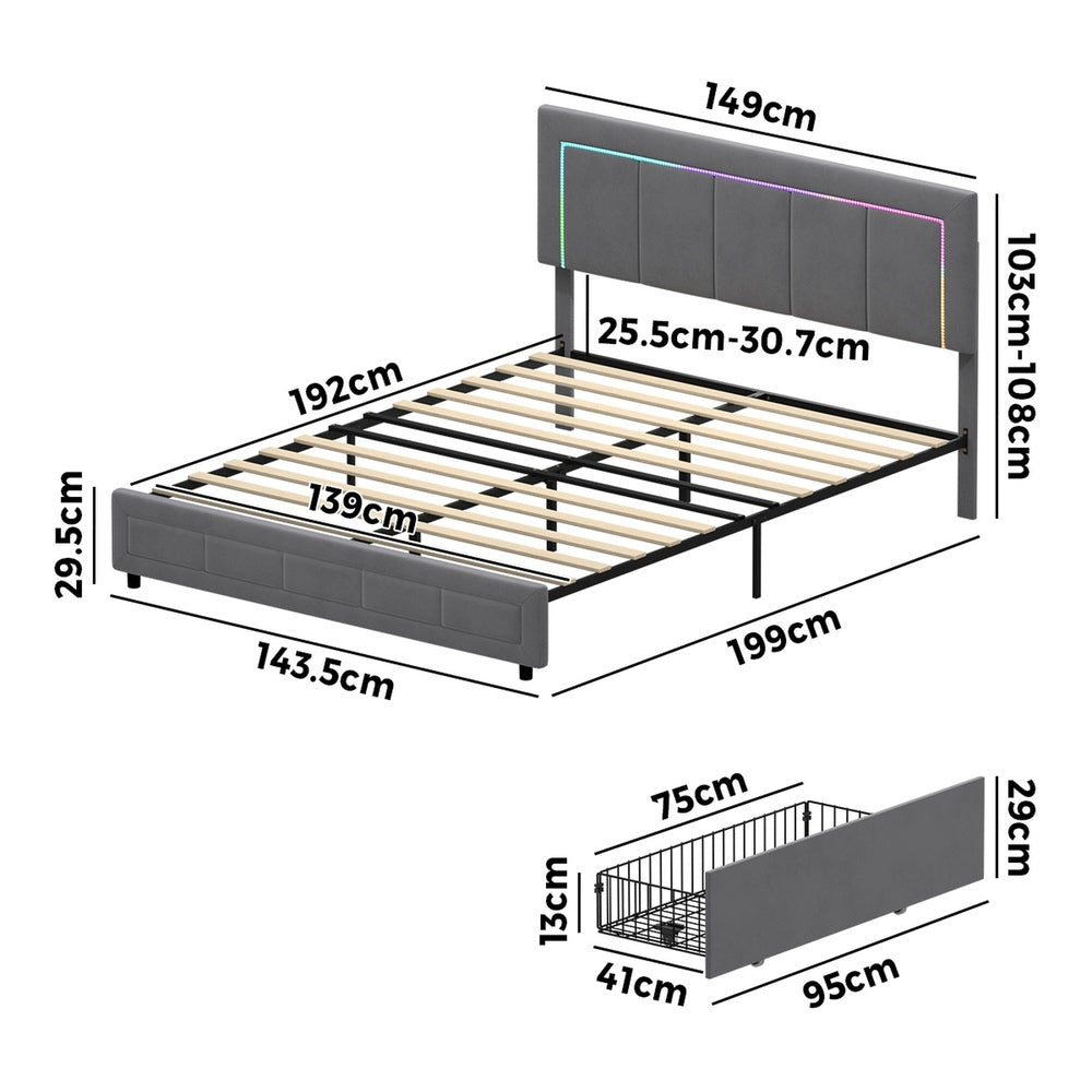 LED Bed Frame Double Size 4 Drawers Adjustable Head Beige/Velvet/Black