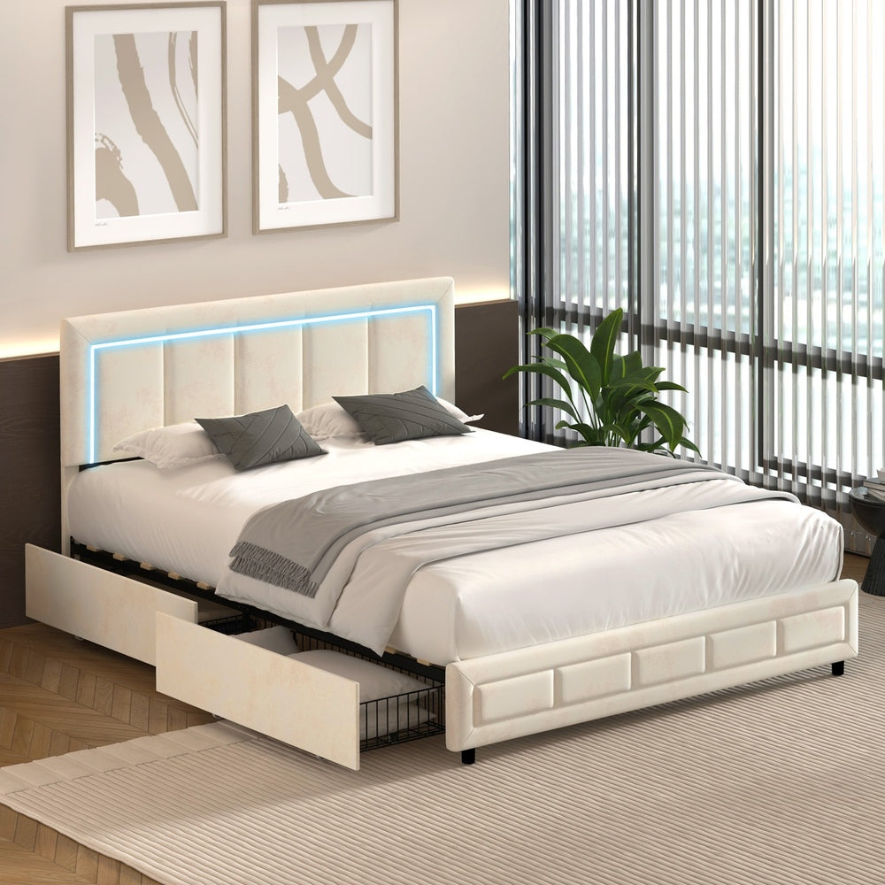 LED Bed Frame Queen Size 4 Drawers Adjustable Headboard Beige/Velvet/Black