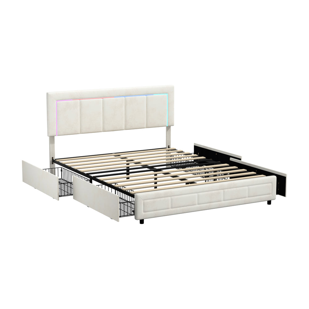 LED Bed Frame Queen Size 4 Drawers Adjustable Headboard Beige/Velvet/Black