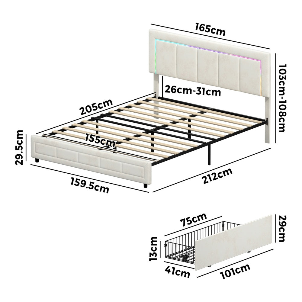 LED Bed Frame Queen Size 4 Drawers Adjustable Headboard Beige/Velvet/Black
