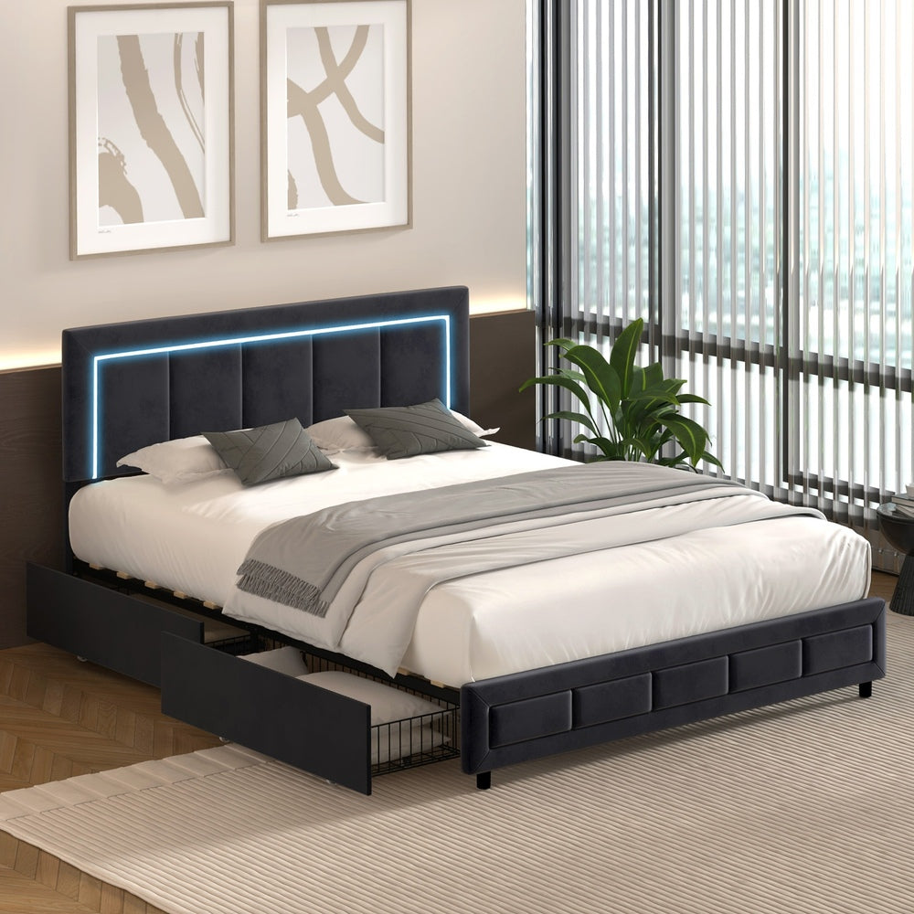 LED Bed Frame Queen Size 4 Drawers Adjustable Headboard Beige/Velvet/Black