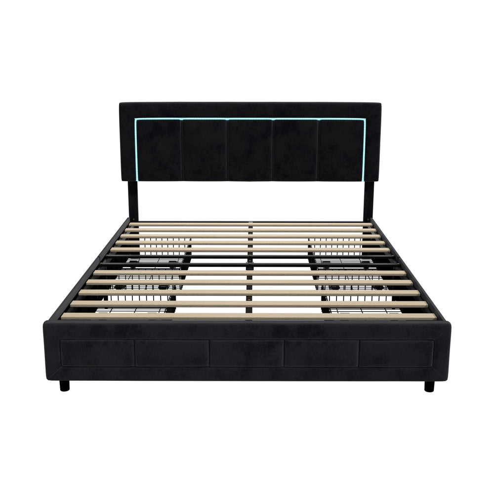 LED Bed Frame Queen Size 4 Drawers Adjustable Headboard Beige/Velvet/Black